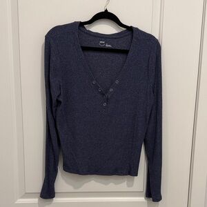 Aerie Navy Long Sleeve V-Neck Tee